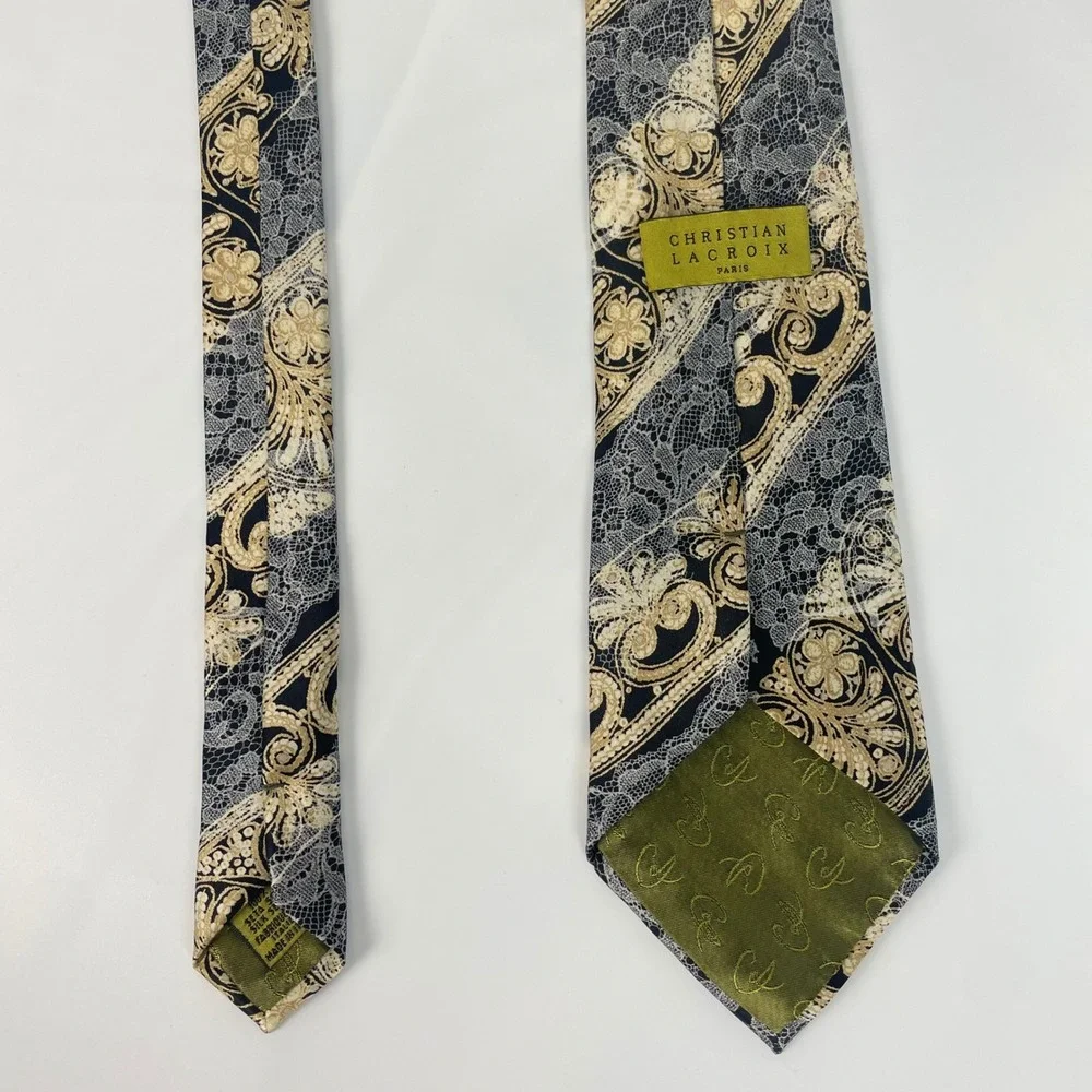 Christian Lacroix Tie Floral Lace Print Stripe Silk Necktie Made in Italy Formal
